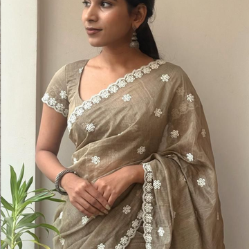 Veloura: Antique Mouse Color Chanderi Cotton Saree