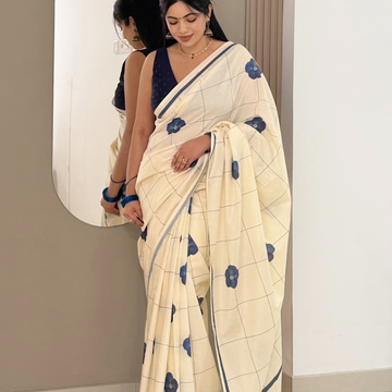 Indigo Bloom Checks : Pure Cotton Digital Printed