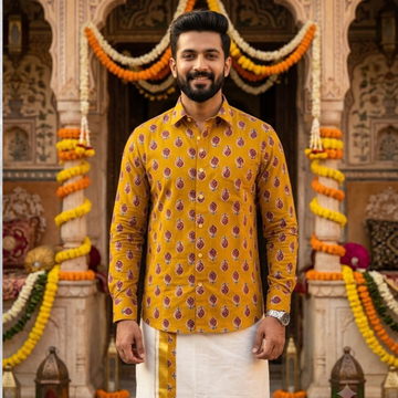 Cotton Jaipur Block Print Shirt & Mundu combo