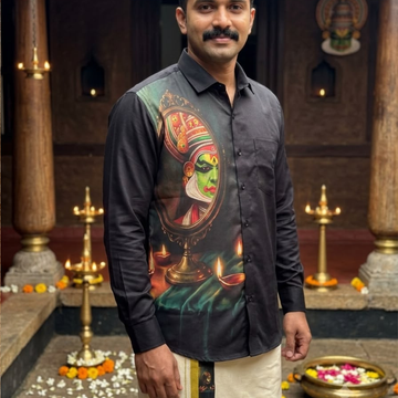 KATHAKALI THEMED PRINTED BLACK SHIRT & MUNDU COMBO