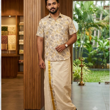 Rayon - Leaf printed shirt and mundu combo.