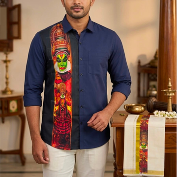 KATHAKALI THEMED BLUE & BLACK PRINTED SHIRT & MUNDU COMBO